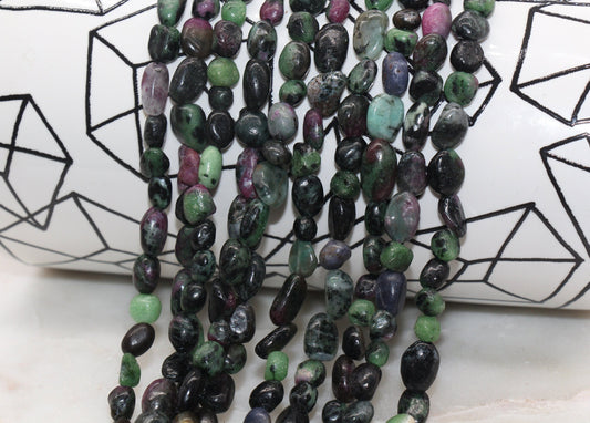 Ruby in Zoisite Beads, Green and Black Gemstone Nugget Beads, Loose Beads, Pebble Nugget Beads, Size 6mm - 8mm #48