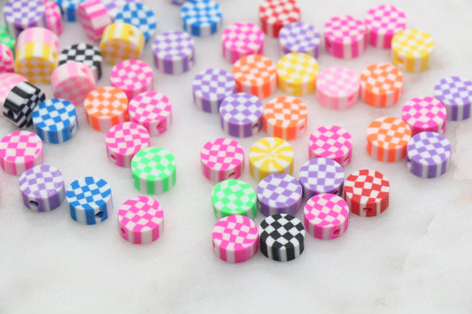 Checkered Polymer Clay Beads, Assorted Color Round Shape Clay Beads, Loose Beads, Jewelry Beads, Beads for Bracelet #346