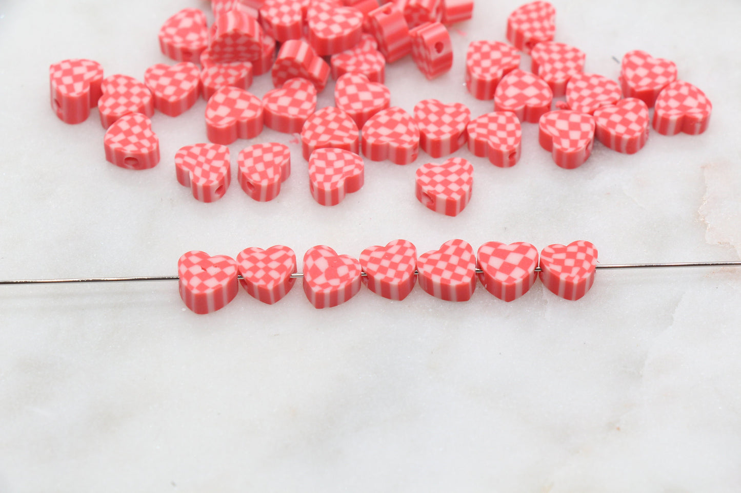 Checkered Heart Polymer Clay Beads, Red Heart Shape Clay Round Beads, Loose Beads, Jewelry Beads, Beads for Bracelet #351