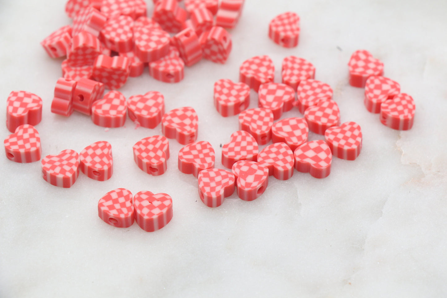 Checkered Heart Polymer Clay Beads, Red Heart Shape Clay Round Beads, Loose Beads, Jewelry Beads, Beads for Bracelet #351