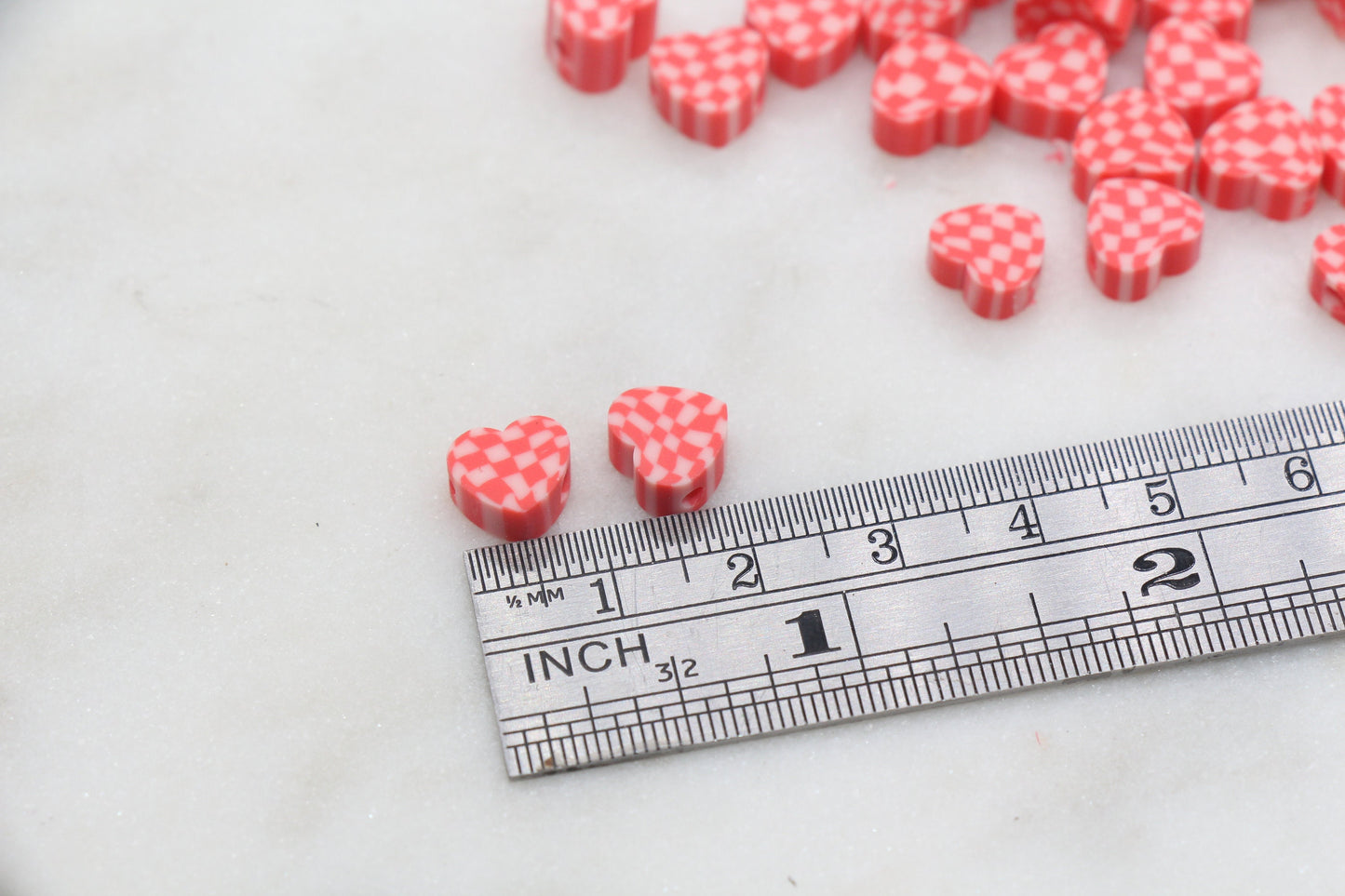 Checkered Heart Polymer Clay Beads, Red Heart Shape Clay Round Beads, Loose Beads, Jewelry Beads, Beads for Bracelet #351