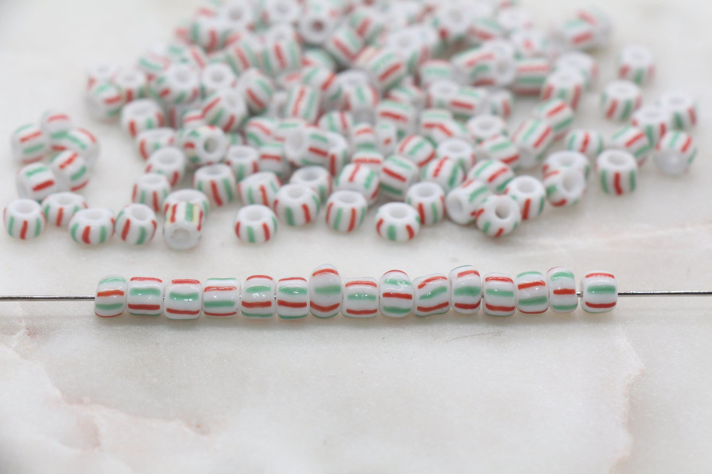 5mm Striped Glass Seed Beads, Size 3/0 Red and Green Striped Glass Seed Beads, Rocailles Beads, Bead Bracelet, Beading Supplies #2747