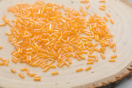 Tube Shape Glass Seed Beads, Orange AB Tube Bugle Beads, Iridescent Tube Glass Beads, Size 4mm Beading Supplies #2763