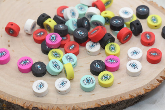 Evil Eye Polymer Clay Beads, Multicolored Evil Eye Fimo Cane Beads, Assorted Evil Eye Beads, Rainbow Evil Eye Slice Beads #157