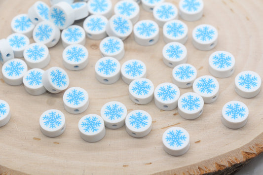 Blue Snowflake Polymer Clay Beads, Round Snow Clay Beads, Winter Themed Clay Beads, Jewelry Beads #156