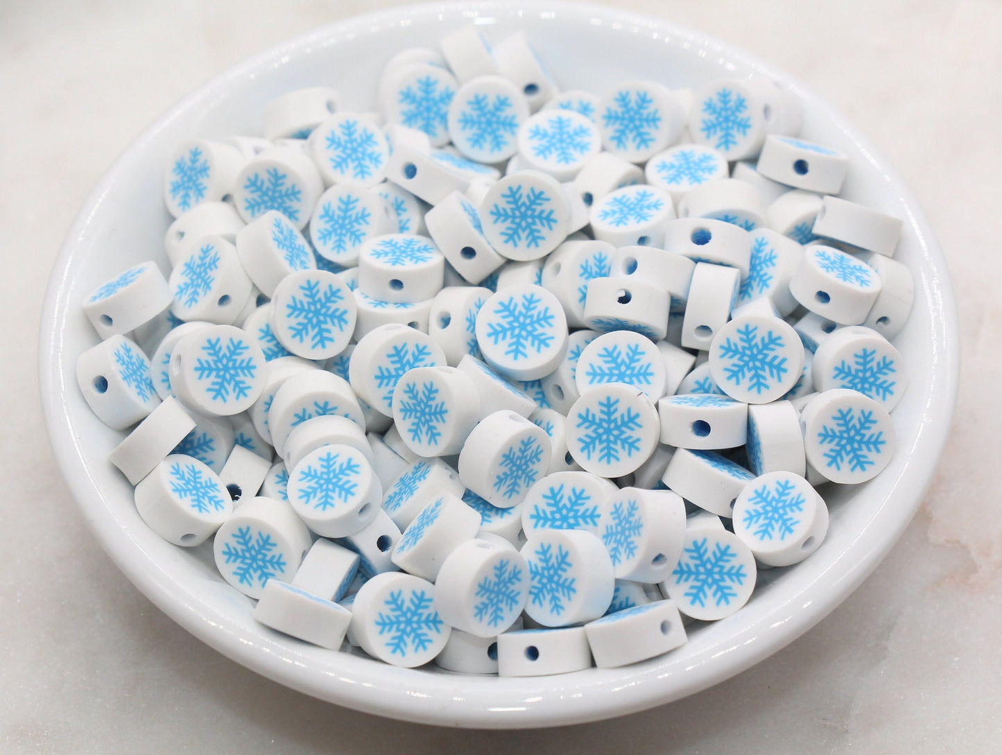 Blue Snowflake Polymer Clay Beads, Round Snow Clay Beads, Winter Themed Clay Beads, Jewelry Beads #156
