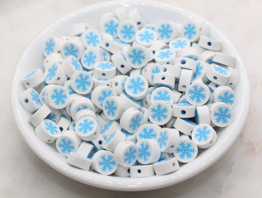 Blue Snowflake Polymer Clay Beads, Round Snow Clay Beads, Winter Themed Clay Beads, Jewelry Beads #156