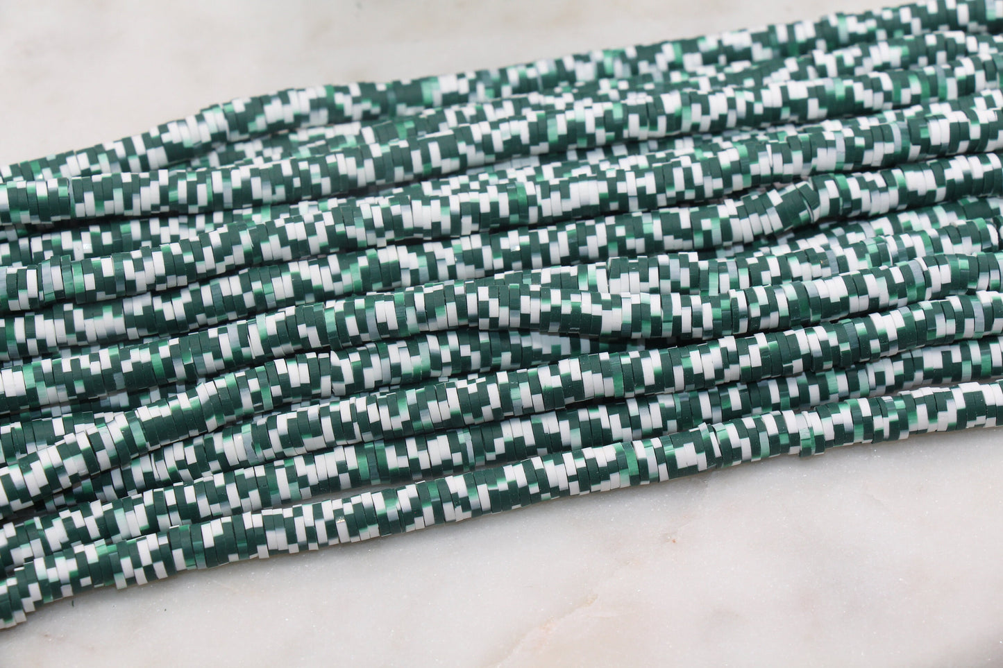 6mm Green Speckled Heishi Beads, Green and White Polymer Clay Disc Beads, African Disc Beads, Vinyl Heishi, 16 inch Strand #327