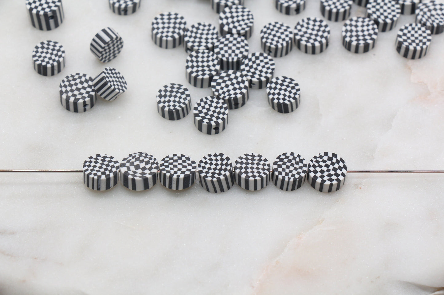 Checkered Polymer Clay Beads, Black Round Checkered Clay Beads, Loose Beads, Jewelry Beads, Beads for Bracelet #348