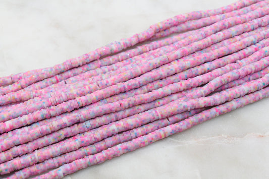 6mm Pink Speckled Heishi Beads, Pink with White Dots Polymer Clay Disc Beads, African Disc Beads, Wholesale Vinyl Heishi #125