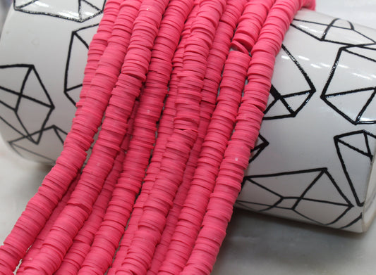 8mm Punch Pink Heishi Beads, Pink Polymer Clay Disc Beads, African Disc Beads, Vinyl Heishi, 16 inch Strand #420