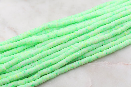 6mm Light Green Speckled Heishi Beads, Green Speckled Polymer Clay Disc Beads, African Disc Beads, Vinyl Heishi, 16 inch Strand #68