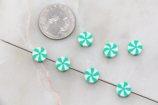 Swirl Peppermint Clay Beads, Mint Candy Clay Beads, Round Candy Polymer Clay Beads, Clay Jewelry Beads #363