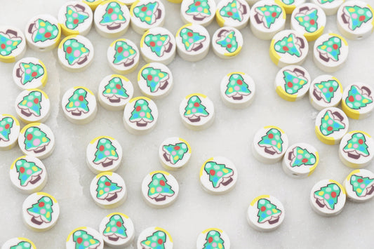 Christmas Tree Clay Beads, Holiday Themed Clay Beads, Round Tree Polymer Clay Beads, Clay Jewelry Beads #367