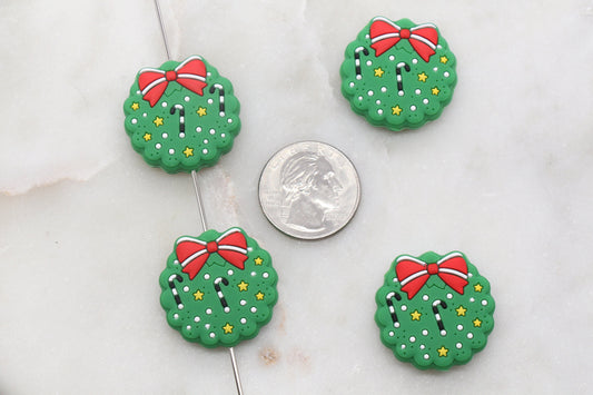 Christmas Wreath Silicone Beads, Green Wreath Silicone Beads, Christmas Chunky Beads, Silicone Loose Beads, Christmas Focal Beads #378
