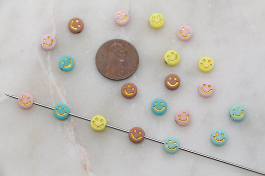 Assort Gold Smiley Face Round Beads, Multicolor Beads with Gold Emoji Beads, Happy Face Beads, Plastic Round Beads Size 7mm #2888