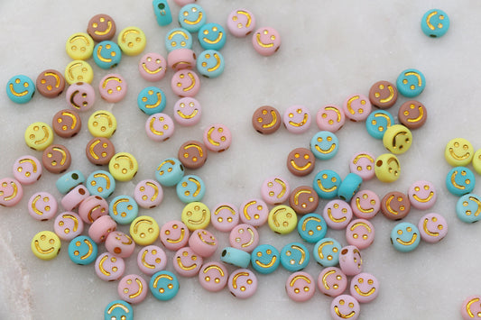Assort Gold Smiley Face Round Beads, Multicolor Beads with Gold Emoji Beads, Happy Face Beads, Plastic Round Beads Size 7mm #2888