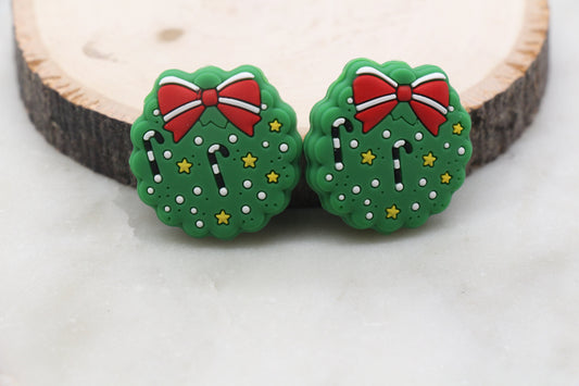 Christmas Wreath Silicone Beads, Green Wreath Silicone Beads, Christmas Chunky Beads, Silicone Loose Beads, Christmas Focal Beads #378