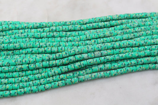 6mm Wide Column Chunky Polymer Clay Beads, Flower Printed Green Heishi Spacer Beads, Clay Tube Beads, Barrel Beads Heishi Beads #85