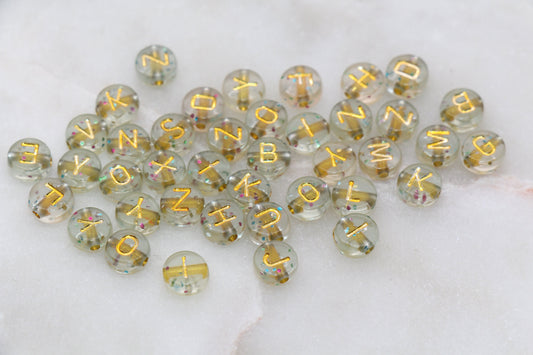 Gold with Glitter Alphabet Letter Beads, Acrylic Clear Letters Beads with Glitter, Round Acrylic Beads, Mixed Letters Name Beads 7mm #753