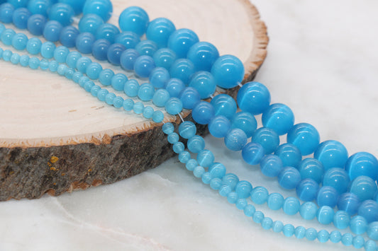 Blue Cat Eye Beads, Smooth Round Beads, Size 4mm 6mm 8mm 10mm 12mm, Full Strand 15.5 inch, #254