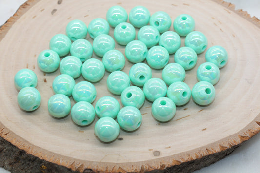 12mm Mint Green AB Gumball Beads, Iridescent Acrylic Loose Beads, Solid Bubblegum Beads, Chunky Beads, Smooth Round Plastic Beads #1308