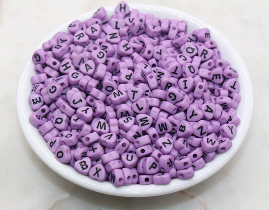 Lavender Heart Letter Beads, Acrylic Lavender Beads with Black Hearts, Heart Shape Alphabet Beads, Name Bracelet Beads, Word Beads, 7mm#2898
