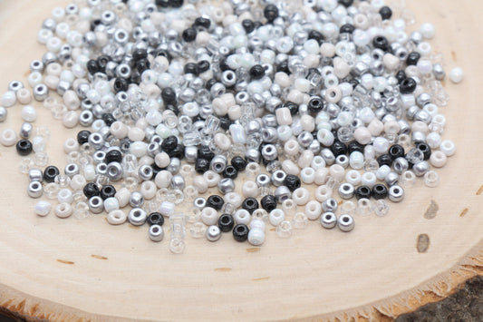 Black white silver and clear mix 3mm glass seed beads for bracelets, jewelry making, beadwork, earrings, keychains, and DIY crafts