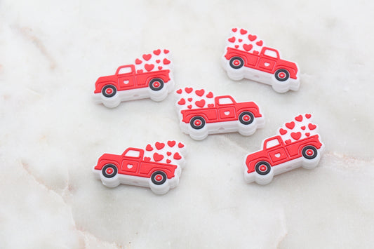 Valentines Truck Silicone Beads, Love Heart Red Truck Silicone Beads, Valentine's Day Themed Silicone Loose Beads, Pen Focal Beads #399