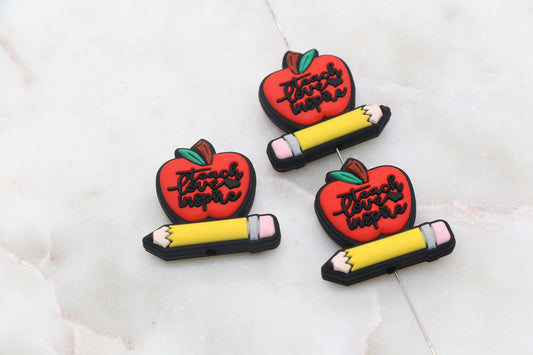 Teacher Silicone Beads, Teach Love Inspire Silicone Beads, Apple and Pencil Silicone Loose Beads, School Themed Focal Beads #400