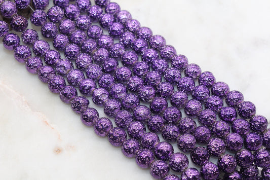 10mm Purple Lava Beads, Electroplated Volcanic Rock Beads #263