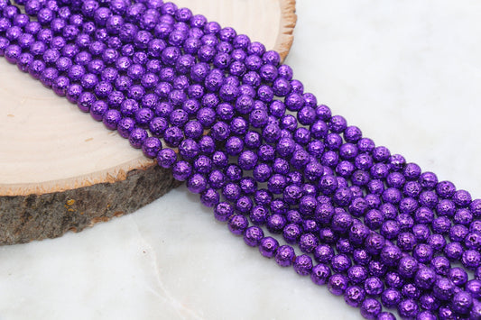 6mm Purple Lava Beads, Electroplated Volcanic Rock Beads, Round Gemstone Beads, #261