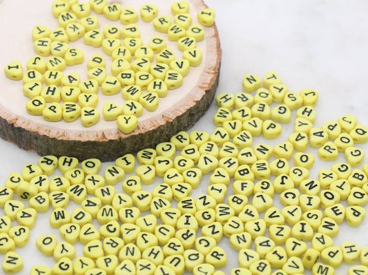 Yellow Heart Letter Beads, Acrylic Yellow Beads with Black Hearts, Heart Shape Alphabet Beads, Name Bracelet Beads, Word Beads, 7mm #2897