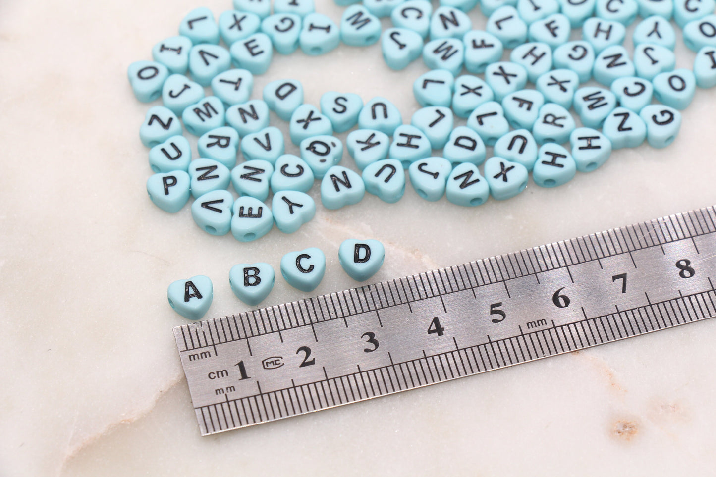 Blue Heart Letter Beads, Acrylic Blue Beads with Black Hearts, Heart Shape Alphabet Beads, Name Bracelet Beads, Word Beads, Size 7mm #2901
