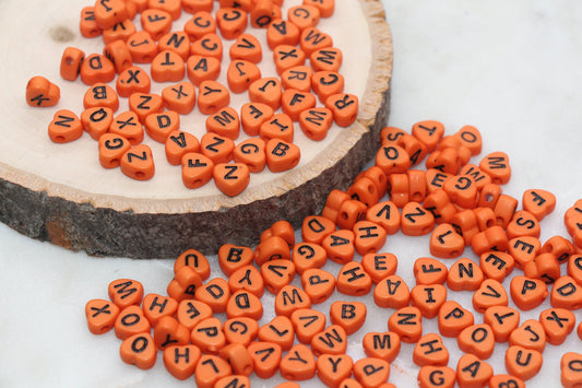 Orange Heart Letter Beads, Acrylic Orange Beads with Black Hearts, Heart Shape Alphabet Beads, Name Bracelet Beads, Word Beads, 7mm #2902