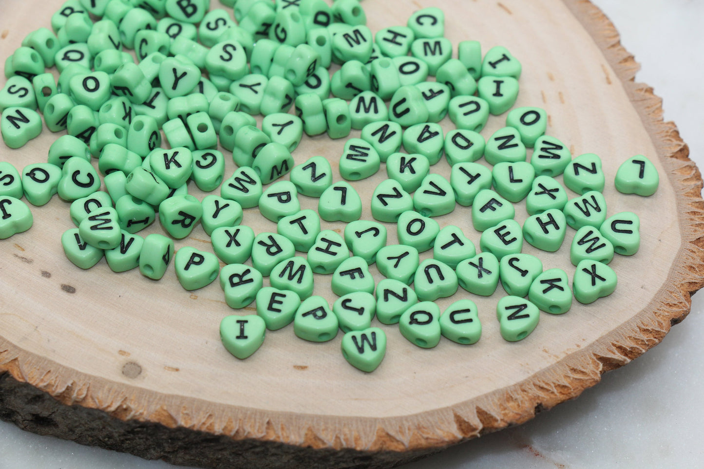 Green Heart Letter Beads, Acrylic Green Beads with Black Hearts, Heart Shape Alphabet Beads, Name Bracelet Beads, Word Beads, Size 7mm #2903