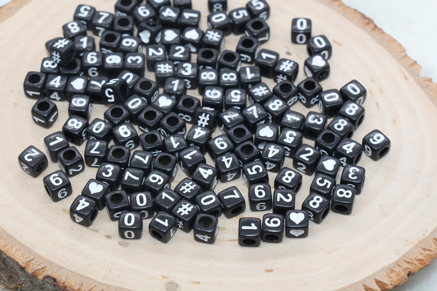 Number Beads, Assorted Number Beads, Black Cube with White Numbers Square Beads, Heart, Hashtag #, Size 6mm #2972