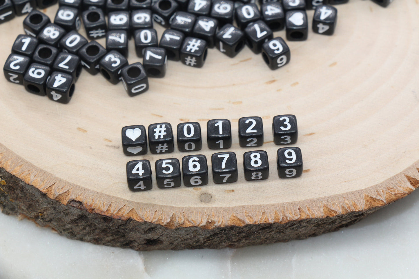 Number Beads, Assorted Number Beads, Black Cube with White Numbers Square Beads, Heart, Hashtag #, Size 6mm #2972