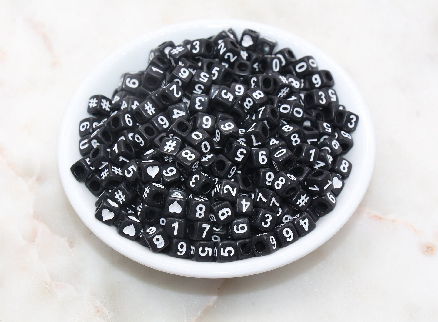 Number Beads, Assorted Number Beads, Black Cube with White Numbers Square Beads, Heart, Hashtag #, Size 6mm #2972