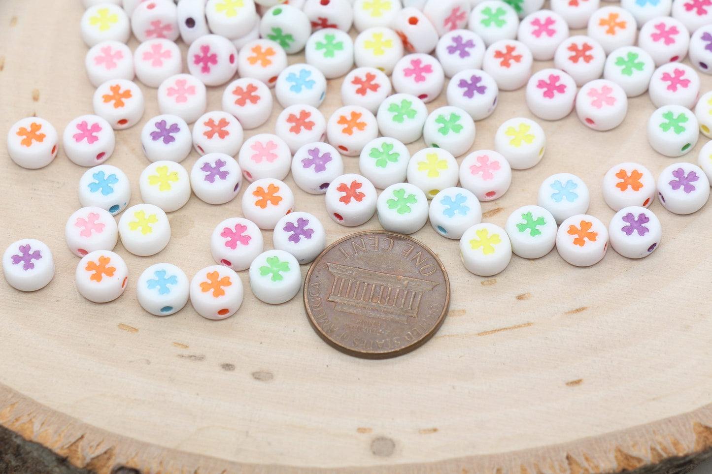 Four Leaf Clover Beads Beads, Shamrock Round Beads, White Beads with Mix Leaf Clover Beads, Bracelet Beads, Jewelry Making, Size 7mm #2980