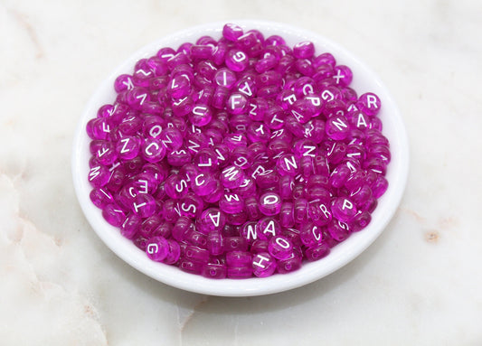 Magenta Pink Alphabet Letter Beads, Translucent Pink Beads with White Letters, Round Acrylic Beads, Name Initial Beads, 7mm #131