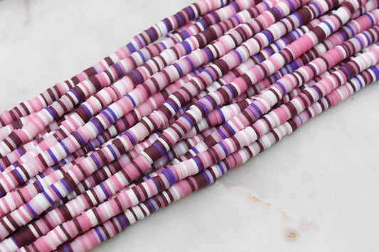 6mm Multicolor Heishi Beads, Purple White and Pink Mix Polymer Clay Disc Beads, African Disc Beads, Vinyl Heishi, Full Strand #519