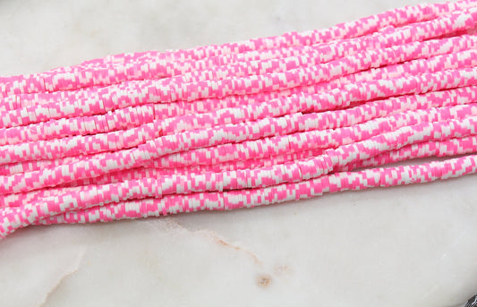 6mm Pink and White Speckled Heishi Beads, Pink Speckled Polymer Clay Disc Beads, African Disc Beads, Jewelry Making Beads, Full Strand #524