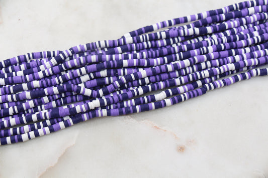 4mm Purple and White Multicolored Heishi Beads, Purple Mix Polymer Clay Disc Beads, African Disc Beads, Vinyl Heishi, Full Strand #533