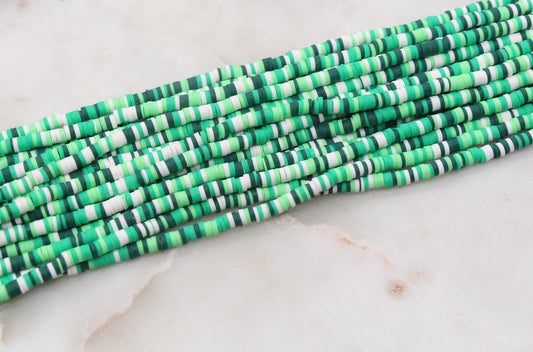 4mm Green and White Mix Heishi Beads, Green Mix Polymer Clay Disc Beads, African Disc Beads, Vinyl Heishi, Full Strand #534
