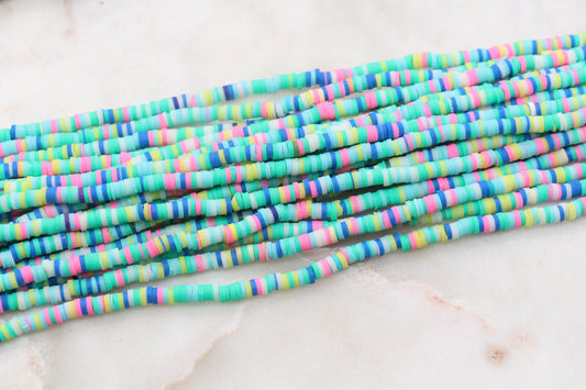 4mm Mix Heishi Beads, Blue Pink and Green Mix Polymer Clay Disc Beads, African Disc Beads, Vinyl Heishi, Full Strand #536