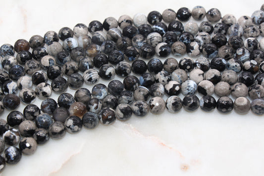 10mm Faceted Gray and Black Mix Fire Agate Beads, Mix Color Fire Agate Gemstone Loose Beads #259