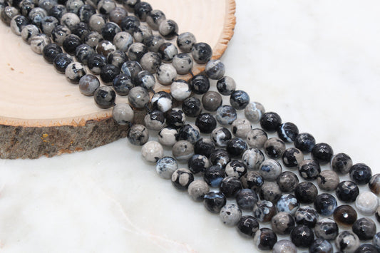 10mm Faceted Gray and Black Mix Fire Agate Beads, Mix Color Fire Agate Gemstone Loose Beads #259