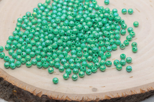 4mm Green AB Round Beads, Iridescent Acrylic Gumball Beads, Bubblegum Beads, Plastic Round Smooth Bead #3005