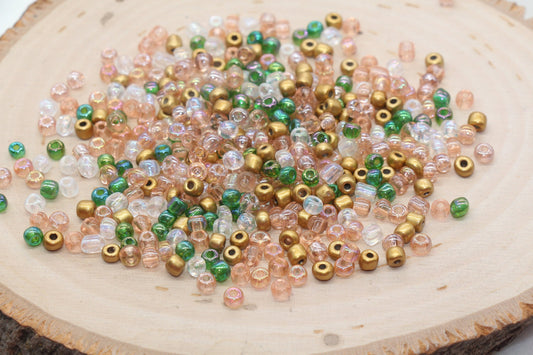 Green gold peach mix 4mm 6/0 round glass seed beads for bracelets, jewelry making, beadwork, keychains, and DIY crafts